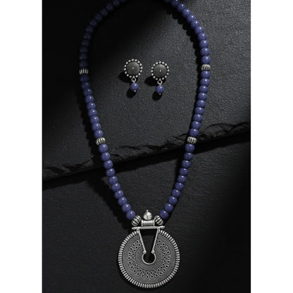Oxidized German Silver Key Hole Necklace Set – Sea Blue Beaded Ethnic Jewelry