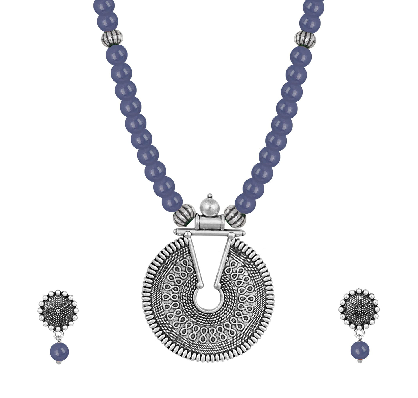 Oxidized German Silver Key Hole Necklace Set – Sea Blue Beaded Ethnic Jewelry
