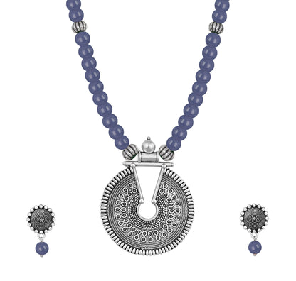 Oxidized German Silver Key Hole Necklace Set – Sea Blue Beaded Ethnic Jewelry