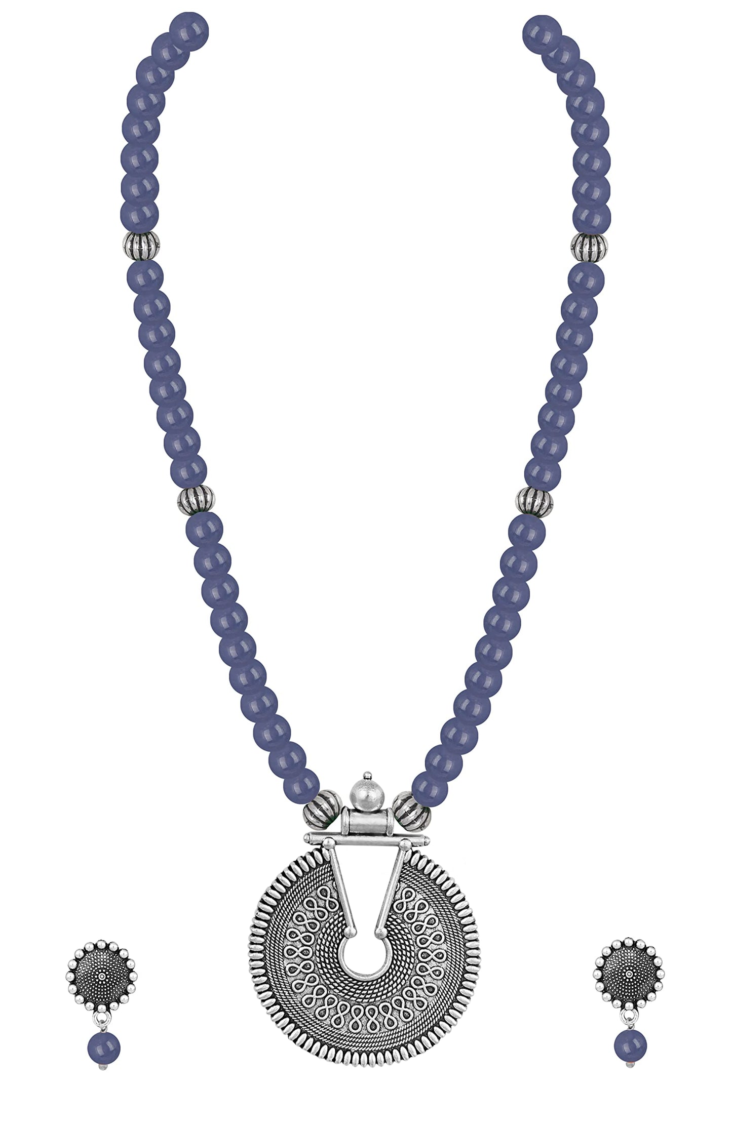 Oxidized German Silver Key Hole Necklace Set – Sea Blue Beaded Ethnic Jewelry