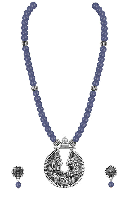 Oxidized German Silver Key Hole Necklace Set – Sea Blue Beaded Ethnic Jewelry