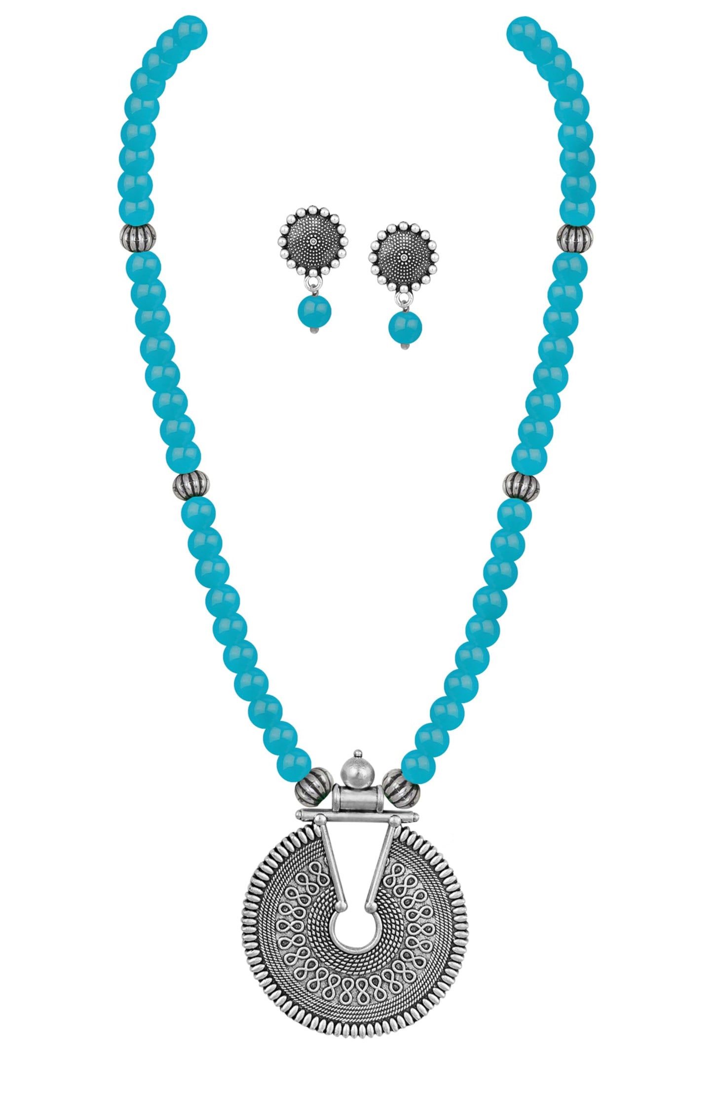 Oxidized German Silver Key Hole Necklace Set – Turquoise Blue Beaded Jewelry