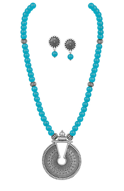 Oxidized German Silver Key Hole Necklace Set – Turquoise Blue Beaded Jewelry