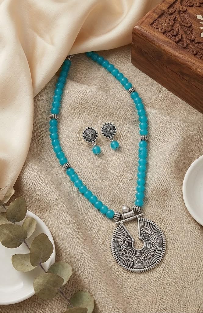 Oxidized German Silver Key Hole Necklace Set – Turquoise Blue Beaded Jewelry