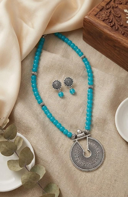 Oxidized German Silver Key Hole Necklace Set – Turquoise Blue Beaded Jewelry