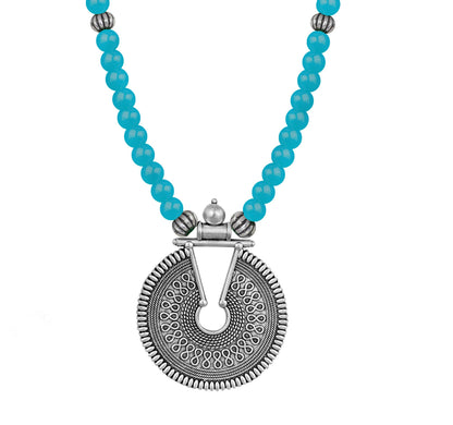 Oxidized German Silver Key Hole Necklace Set – Turquoise Blue Beaded Jewelry