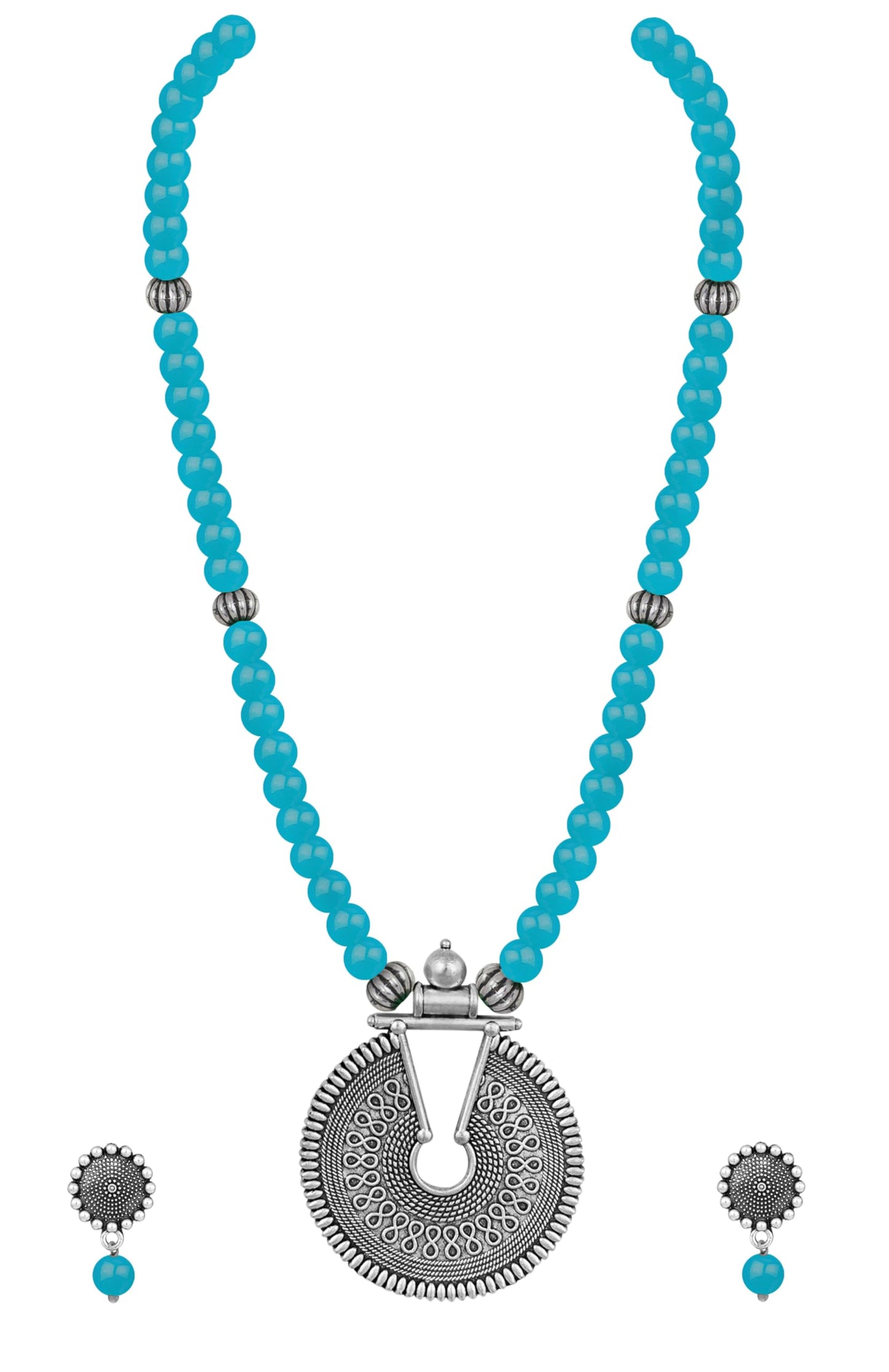 Oxidized German Silver Key Hole Necklace Set – Turquoise Blue Beaded Jewelry