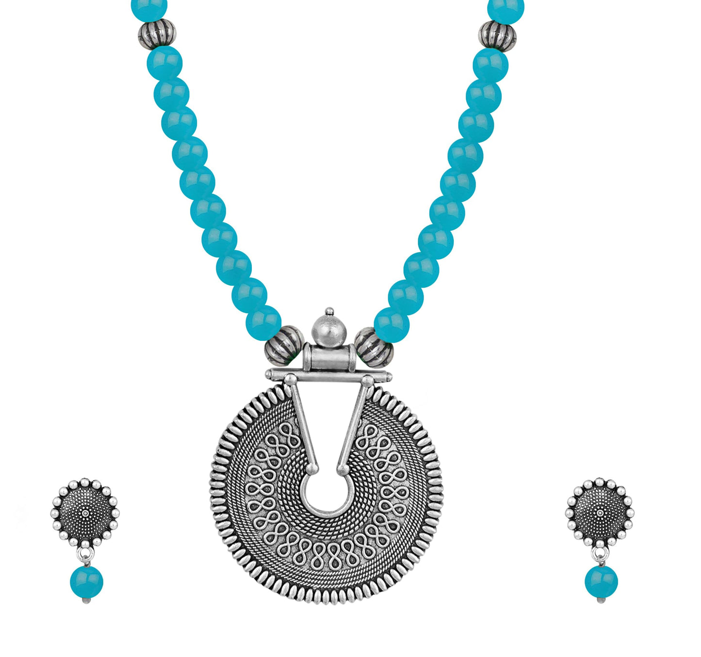Oxidized German Silver Key Hole Necklace Set – Turquoise Blue Beaded Jewelry