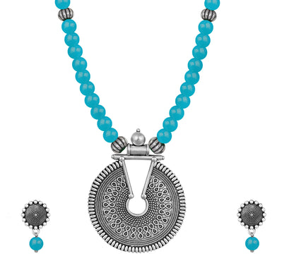 Oxidized German Silver Key Hole Necklace Set – Turquoise Blue Beaded Jewelry
