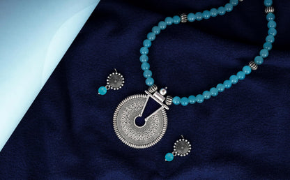Oxidized German Silver Key Hole Necklace Set – Turquoise Blue Beaded Jewelry
