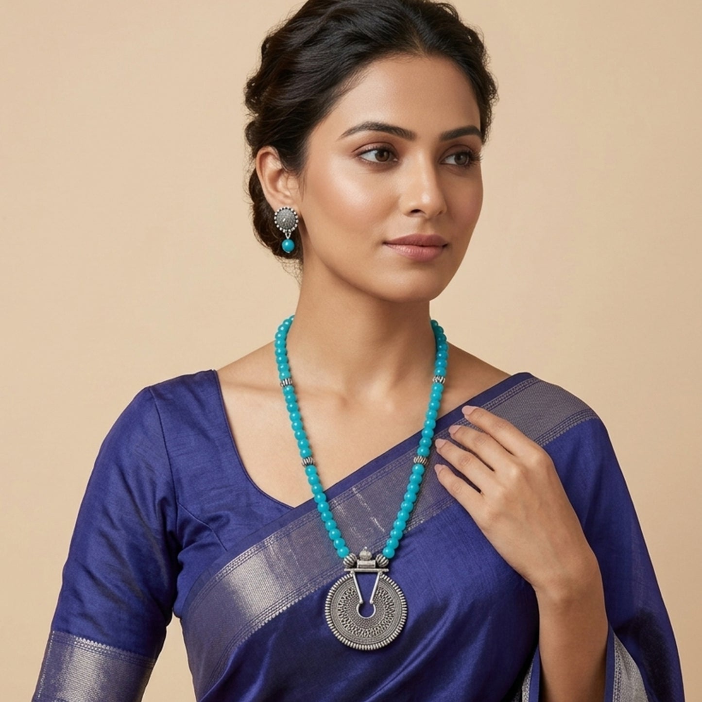 Oxidized German Silver Key Hole Necklace Set – Turquoise Blue Beaded Jewelry