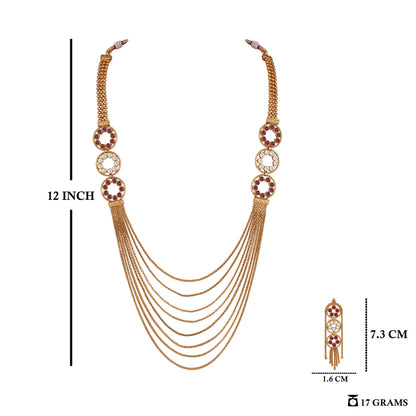 Gold Plated Multistrand Chain Ruby Red And White Color Stone Studded Fancy Necklace Set.