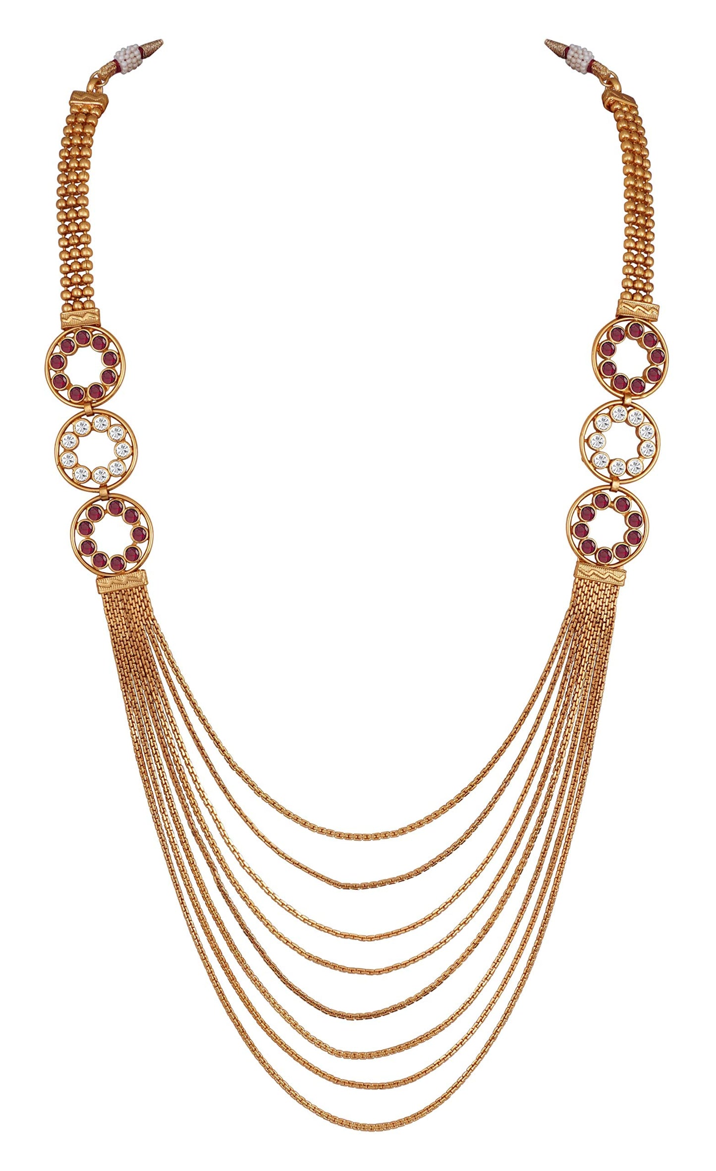 Gold Plated Multistrand Chain Ruby Red And White Color Stone Studded Fancy Necklace Set.