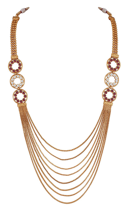 Gold Plated Multistrand Chain Ruby Red And White Color Stone Studded Fancy Necklace Set.