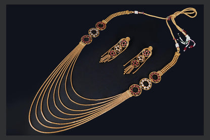 Gold Plated Multistrand Chain Ruby Red And White Color Stone Studded Fancy Necklace Set.