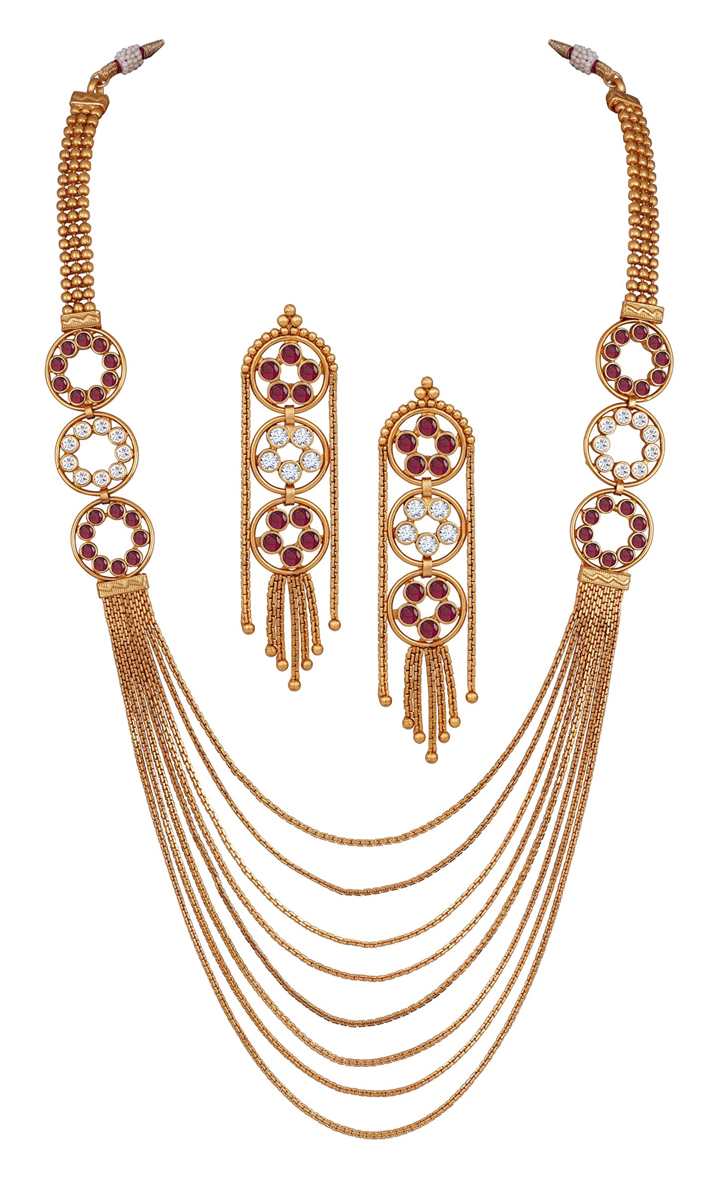 Gold Plated Multistrand Chain Ruby Red And White Color Stone Studded Fancy Necklace Set.