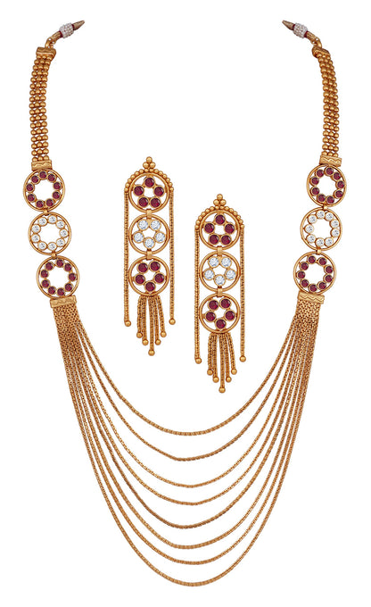 Gold Plated Multistrand Chain Ruby Red And White Color Stone Studded Fancy Necklace Set.
