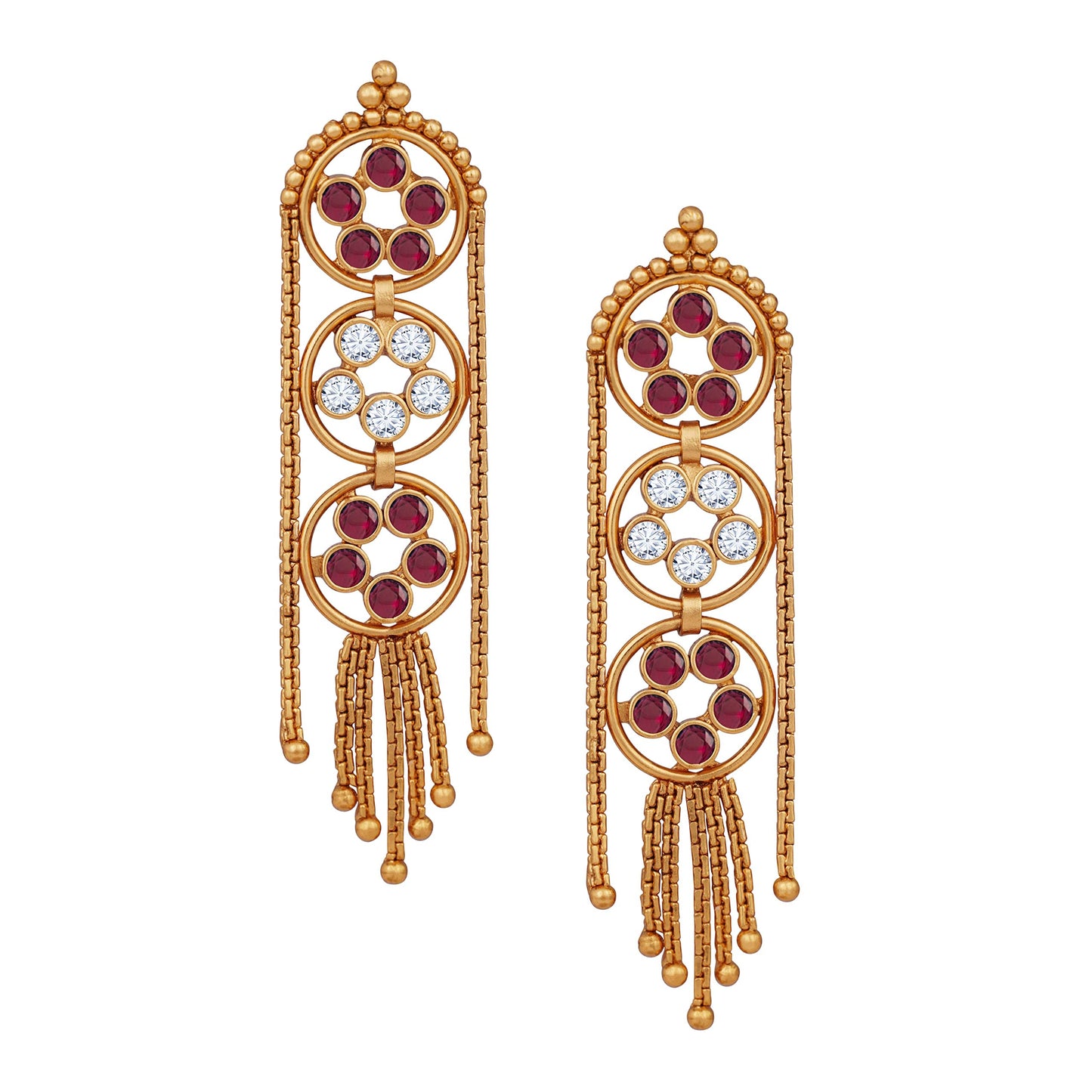 Gold Plated Multistrand Chain Ruby Red And White Color Stone Studded Fancy Necklace Set.