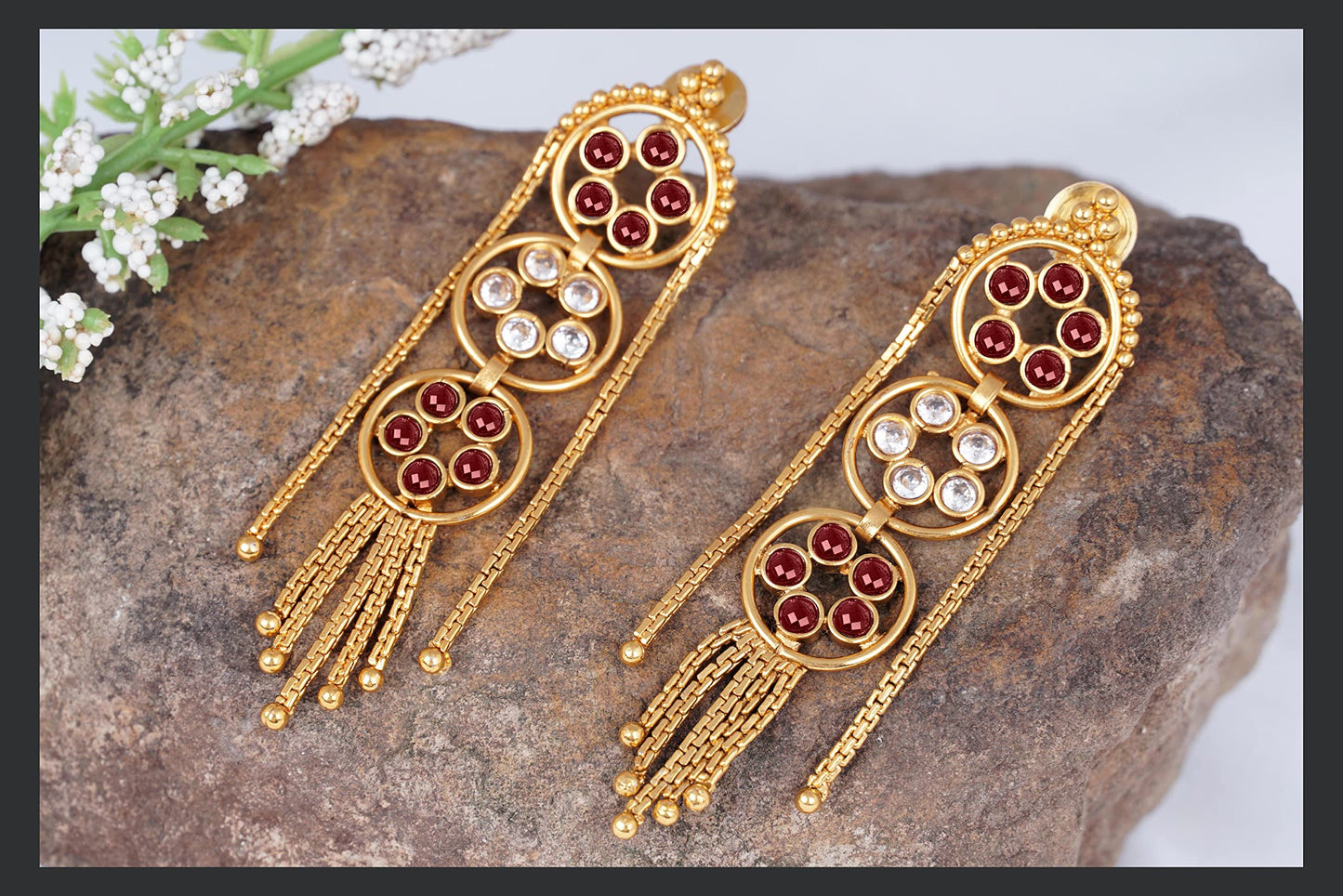 Gold Plated Multistrand Chain Ruby Red And White Color Stone Studded Fancy Necklace Set.
