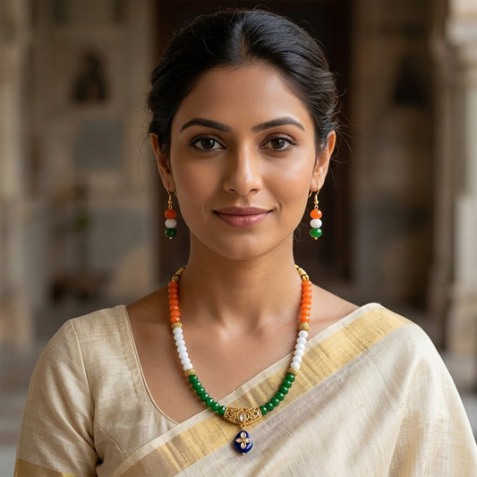 Patriotic Tri Color Crystal Beaded Necklace Set For Independence Day/Republic Day .