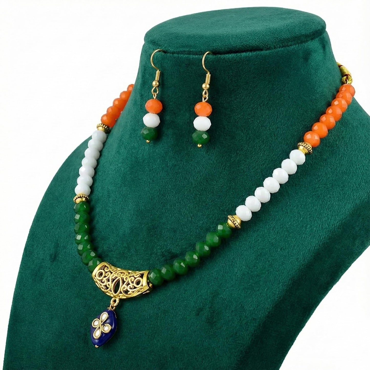 Patriotic Tri Color Crystal Beaded Necklace Set For Independence Day/Republic Day .