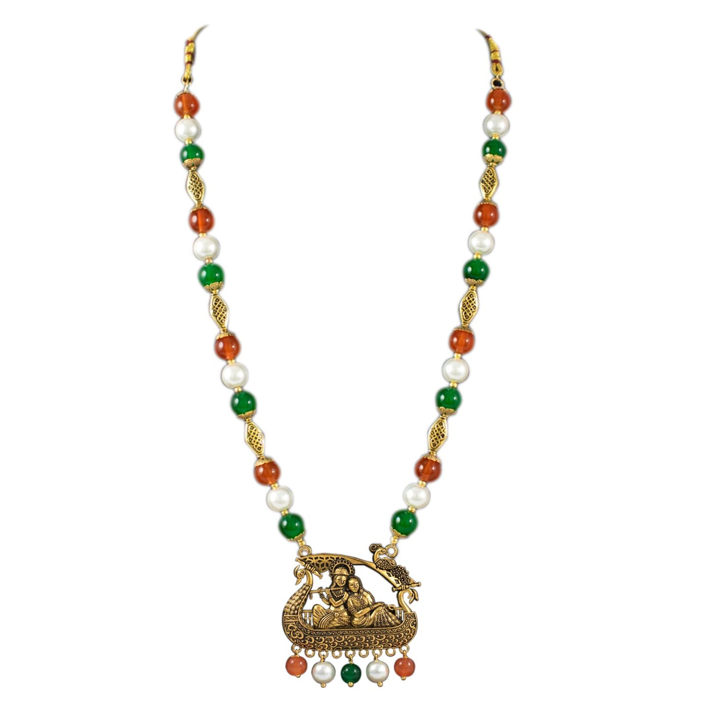 Antique Radha Krishna Pendant Necklace – Tricolour Beaded Jewelry for Independence Day