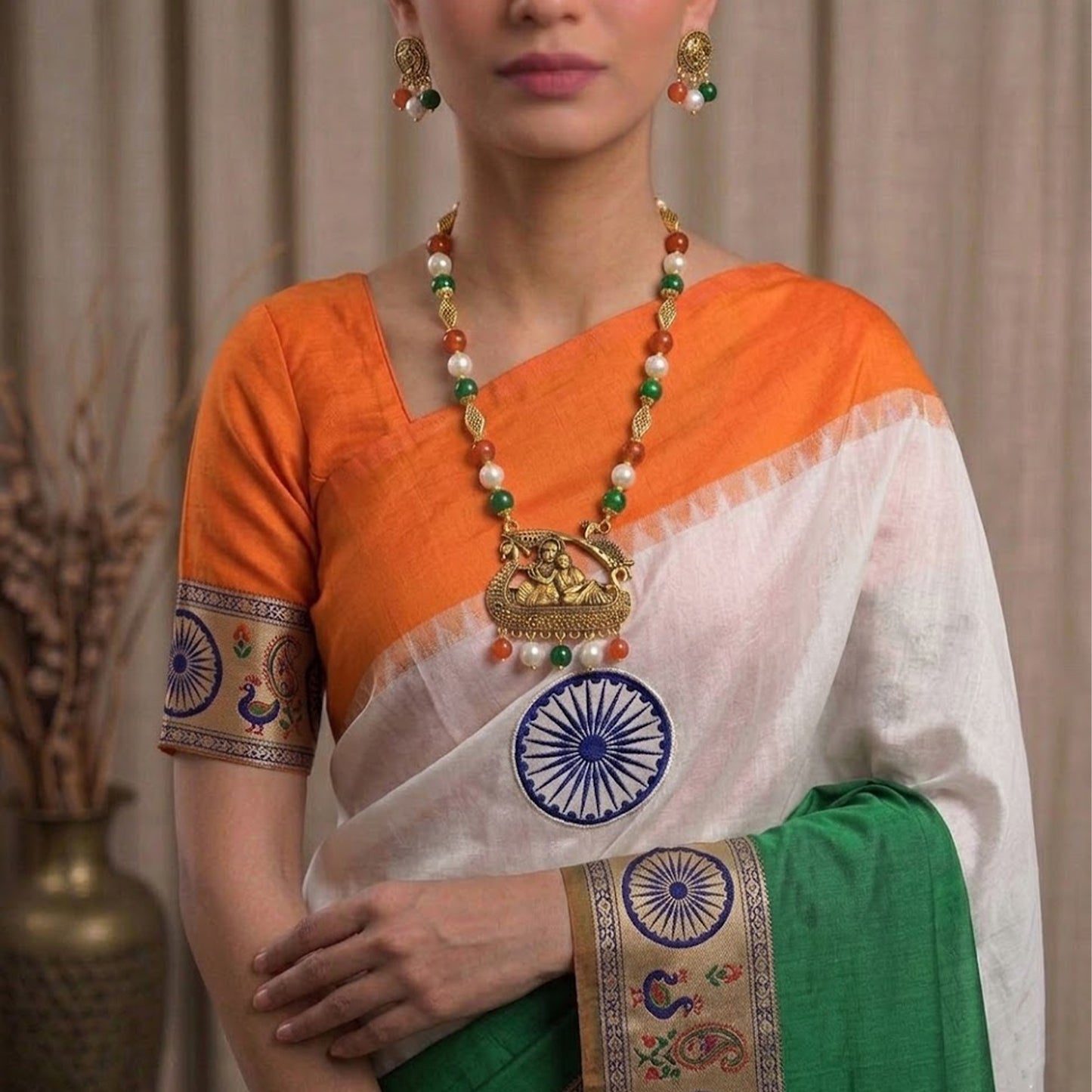 Antique Radha Krishna Pendant Necklace – Tricolour Beaded Jewelry for Independence Day