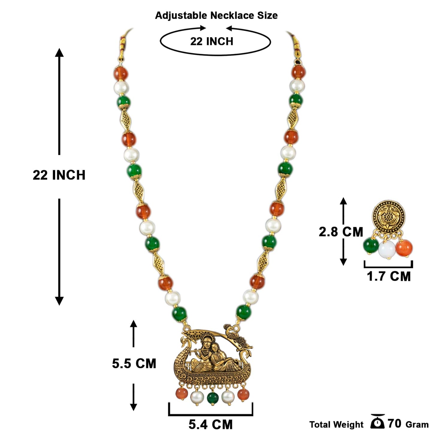 Antique Radha Krishna Pendant Necklace – Tricolour Beaded Jewelry for Independence Day