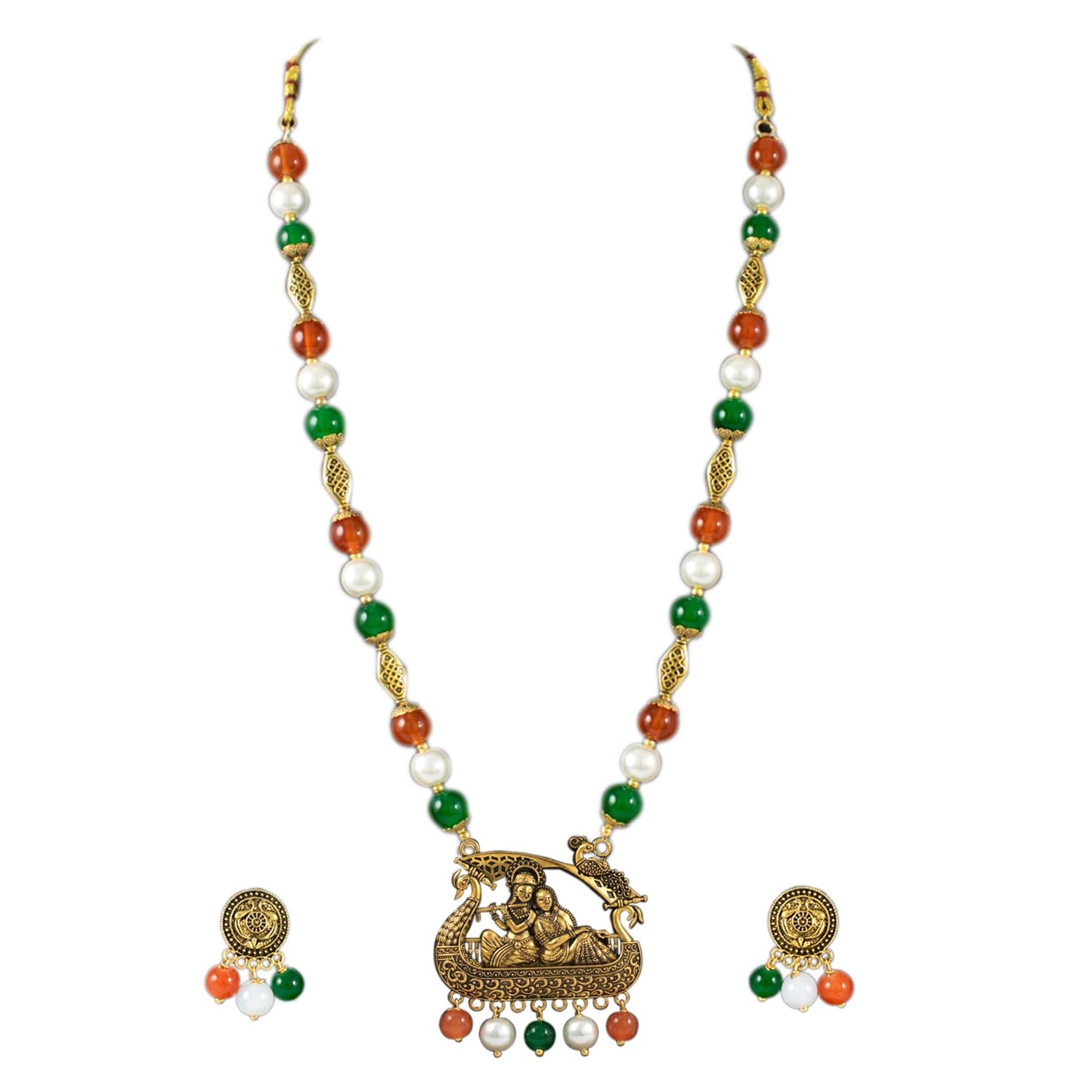 Antique Radha Krishna Pendant Necklace – Tricolour Beaded Jewelry for Independence Day