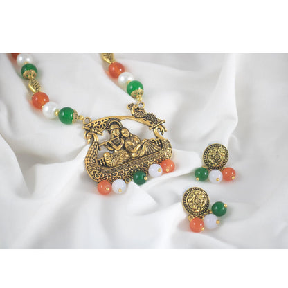 Antique Radha Krishna Pendant Necklace – Tricolour Beaded Jewelry for Independence Day