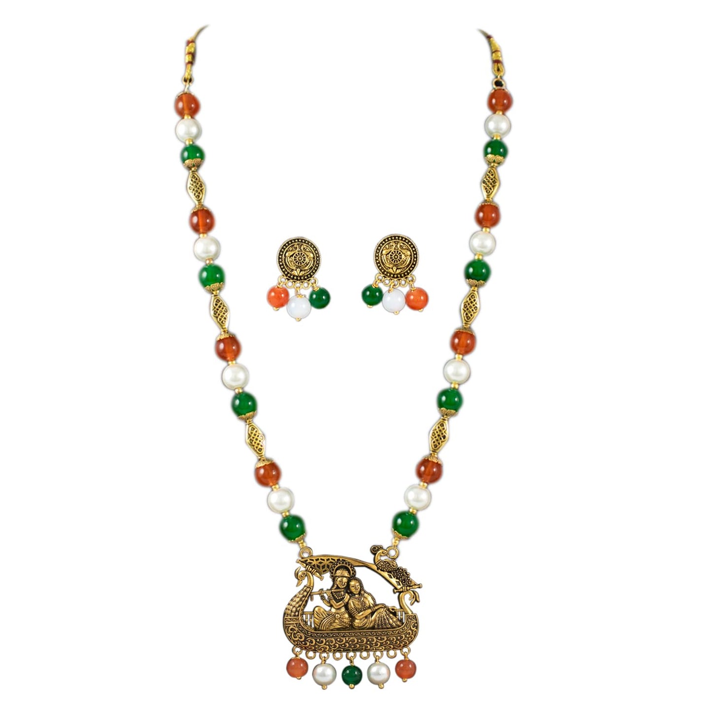 Antique Radha Krishna Pendant Necklace – Tricolour Beaded Jewelry for Independence Day
