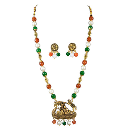 Antique Radha Krishna Pendant Necklace – Tricolour Beaded Jewelry for Independence Day