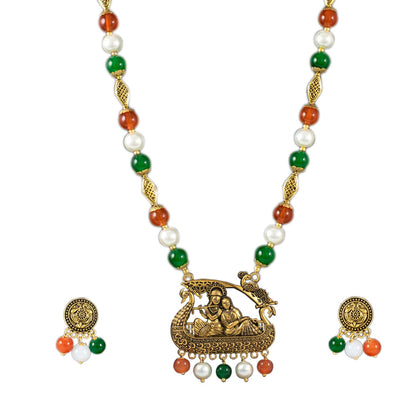 Antique Radha Krishna Pendant Necklace – Tricolour Beaded Jewelry for Independence Day