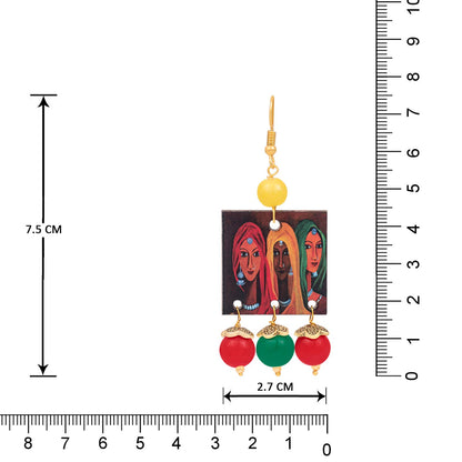 Fl - For Less Rajasthani Women Painting Print Beaded Necklace Set (Red, Green & Yellow)