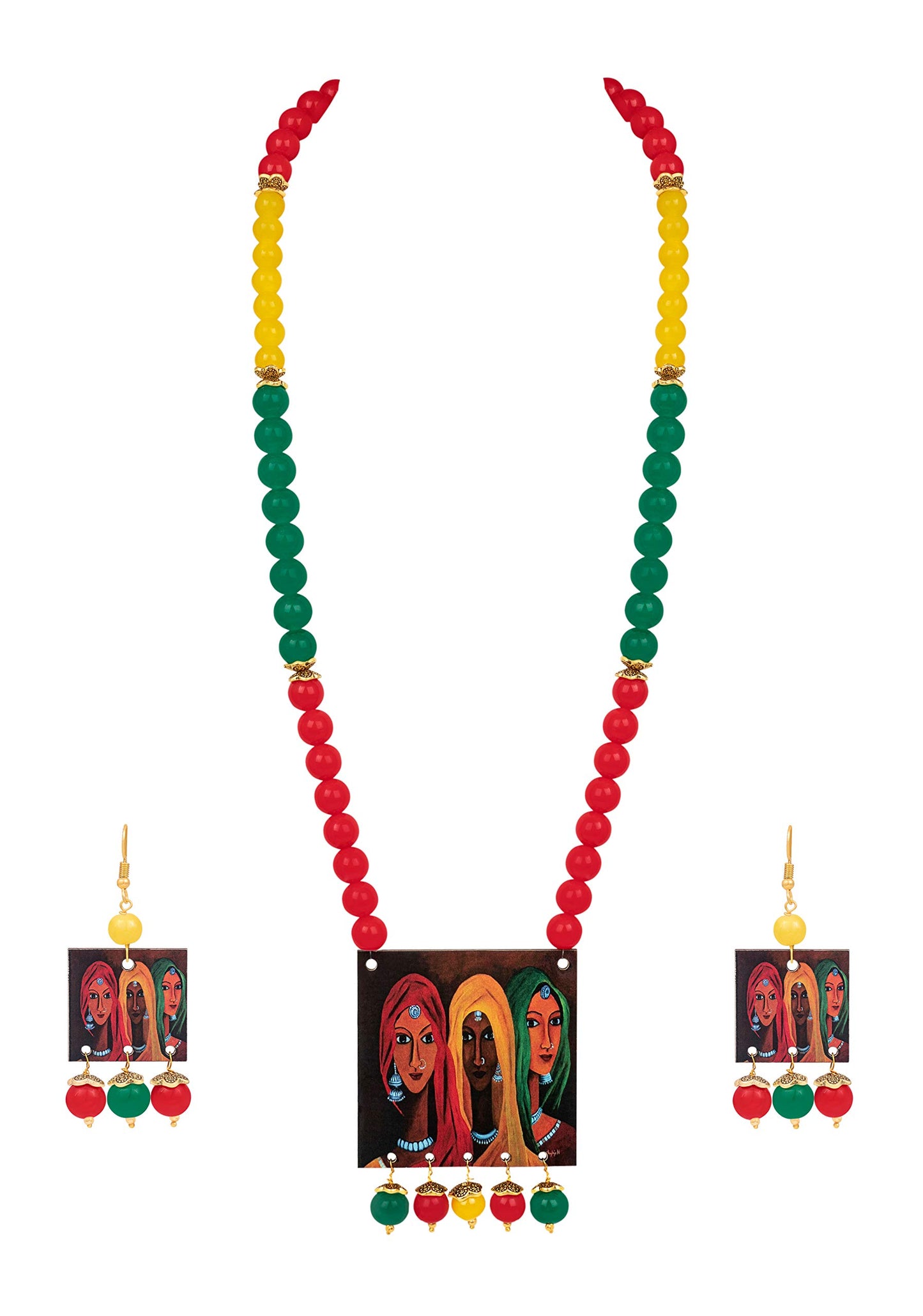Fl - For Less Rajasthani Women Painting Print Beaded Necklace Set (Red, Green & Yellow)
