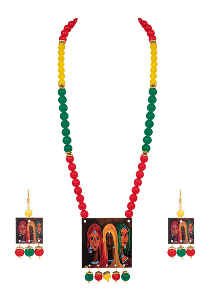 Fl - For Less Rajasthani Women Painting Print Beaded Necklace Set (Red, Green & Yellow)