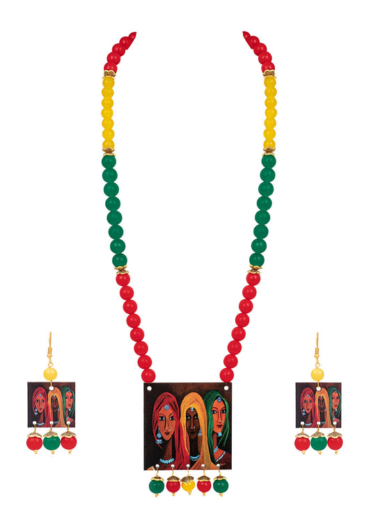 Fl - For Less Rajasthani Women Painting Print Beaded Necklace Set (Red, Green & Yellow)