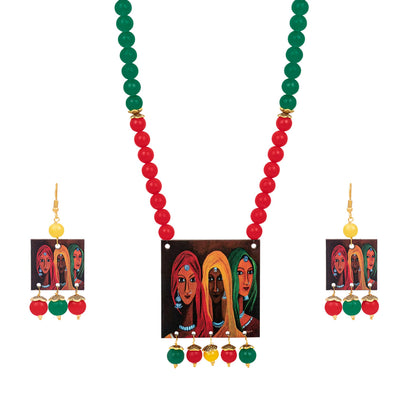 Fl - For Less Rajasthani Women Painting Print Beaded Necklace Set (Red, Green & Yellow)