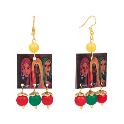 Fl - For Less Rajasthani Women Painting Print Beaded Necklace Set (Red, Green & Yellow)
