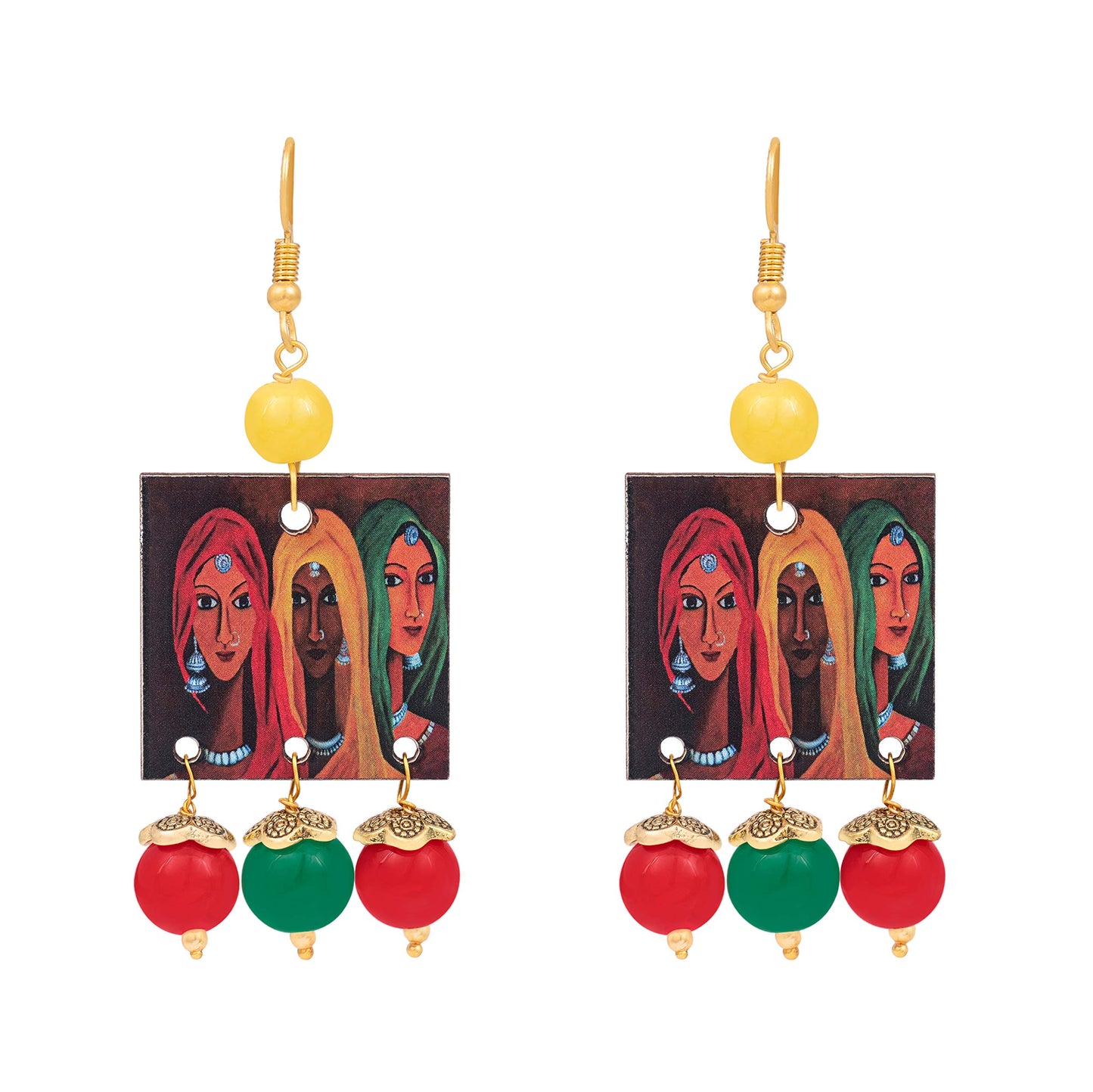 Fl - For Less Rajasthani Women Painting Print Beaded Necklace Set (Red, Green & Yellow)