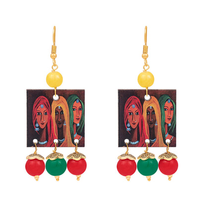 Fl - For Less Rajasthani Women Painting Print Beaded Necklace Set (Red, Green & Yellow)