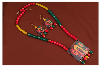 Fl - For Less Rajasthani Women Painting Print Beaded Necklace Set (Red, Green & Yellow)