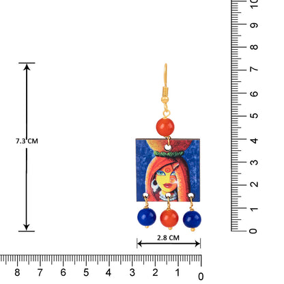 Village Women Painting Print Beaded Necklace Set (Orange, Navy Blue & Yellow)