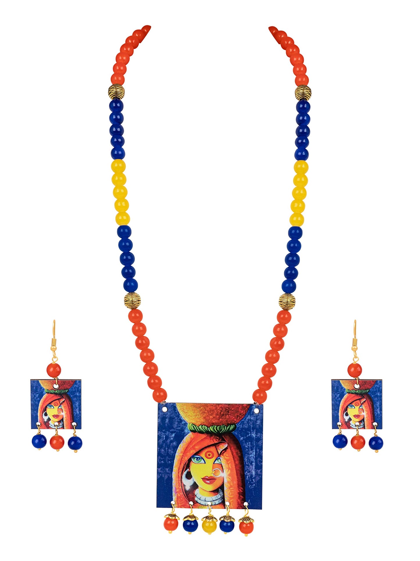 Village Women Painting Print Beaded Necklace Set (Orange, Navy Blue & Yellow)