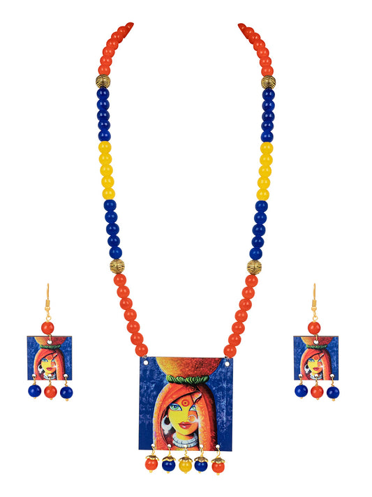 Village Women Painting Print Beaded Necklace Set (Orange, Navy Blue & Yellow)