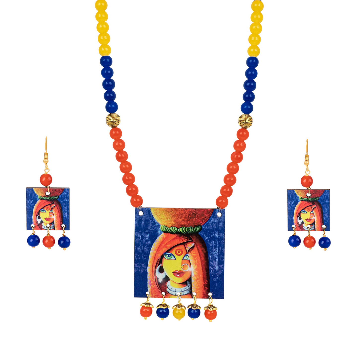 Village Women Painting Print Beaded Necklace Set (Orange, Navy Blue & Yellow)