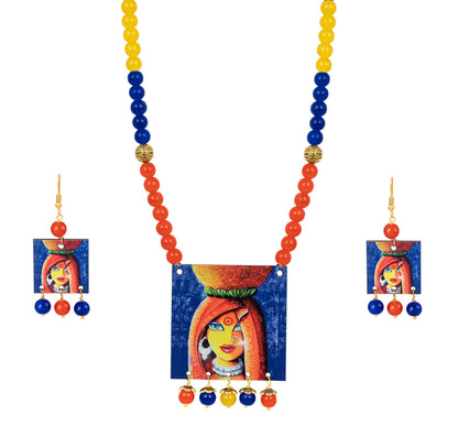Village Women Painting Print Beaded Necklace Set (Orange, Navy Blue & Yellow)