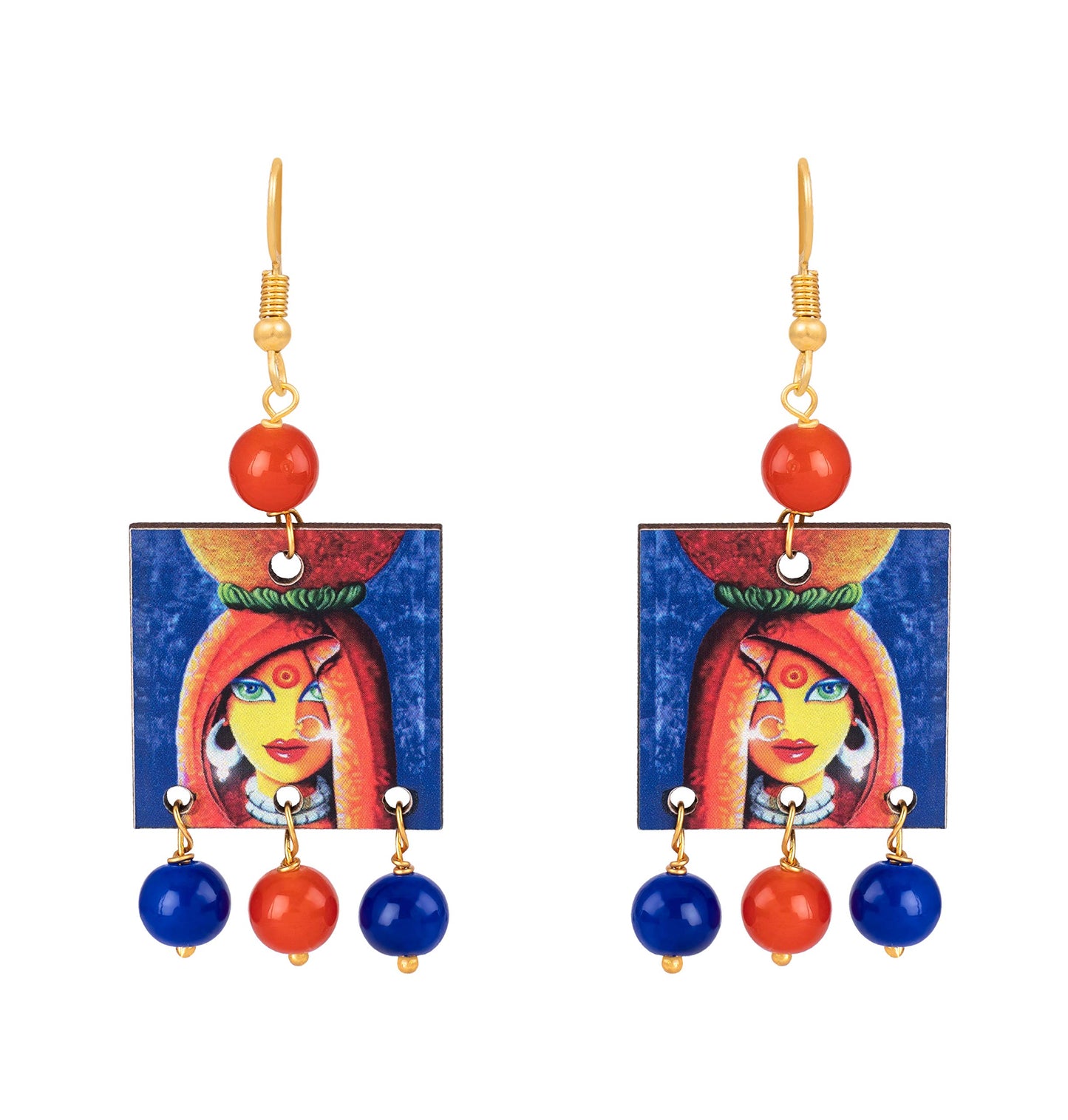 Village Women Painting Print Beaded Necklace Set (Orange, Navy Blue & Yellow)