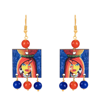 Village Women Painting Print Beaded Necklace Set (Orange, Navy Blue & Yellow)