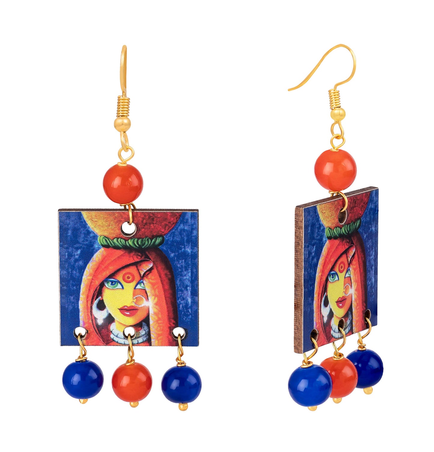 Village Women Painting Print Beaded Necklace Set (Orange, Navy Blue & Yellow)